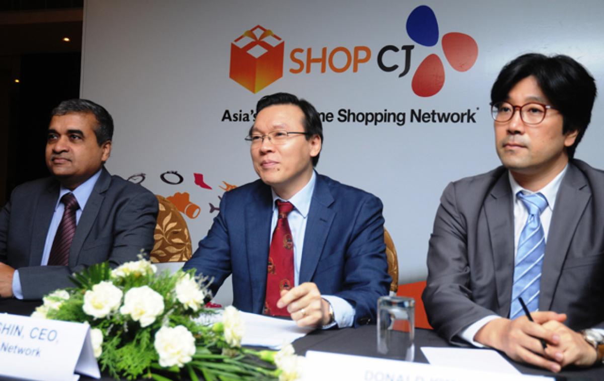 Ramakrishnan, CFO, Kinny Shin,CEO, and Donold Kwag, Head of Marketing, Shop CJ Network, addressing media here on Thursday 